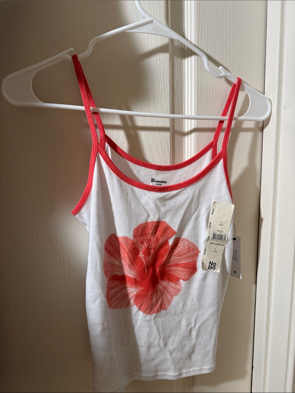 No Boundaries White Tank with Hawaiian flower Coral Pink Floral and Trim